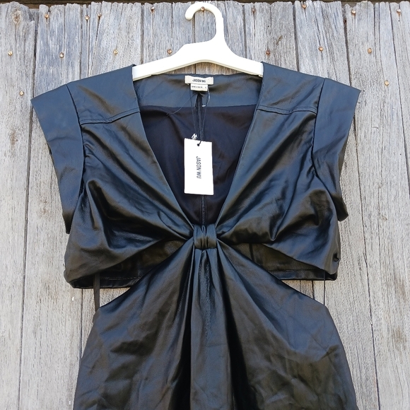 Jason Wu  Faux Leather Black Front‎ Knot Cut Out Mini Dress Womens Sz Large NWT - Picture 2 of 8